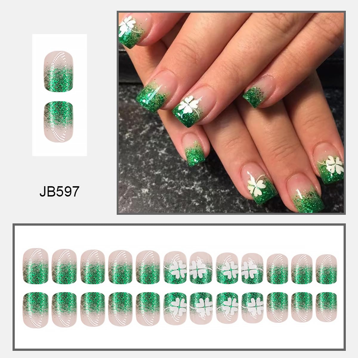 Uñas postizas WBRRFJJ con brillo verde y trébol para looks festivos.