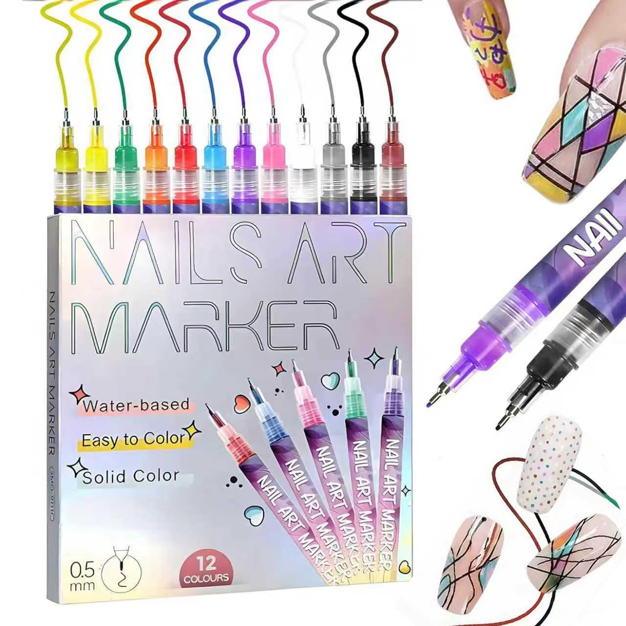 Wcatea 12-color nail art pens set with 0.5mm tip for precise lines.