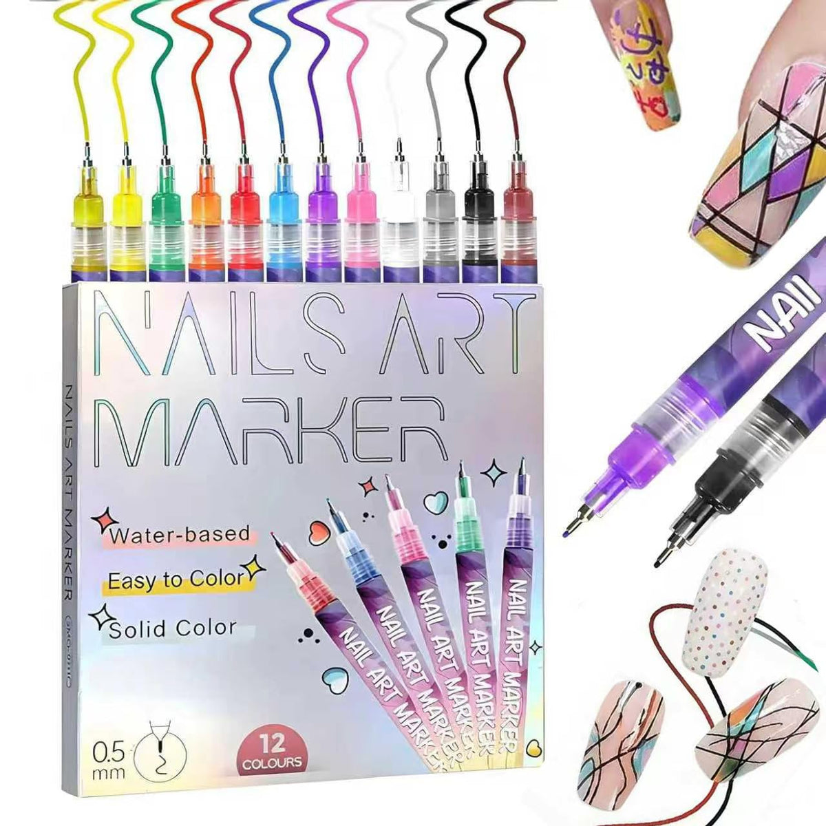 Wcatea 12-color nail art pens set with 0.5mm tip for precise lines.