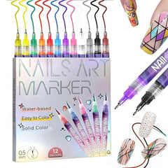 Wcatea 12-color nail art pens set with 0.5mm tip for precise lines.