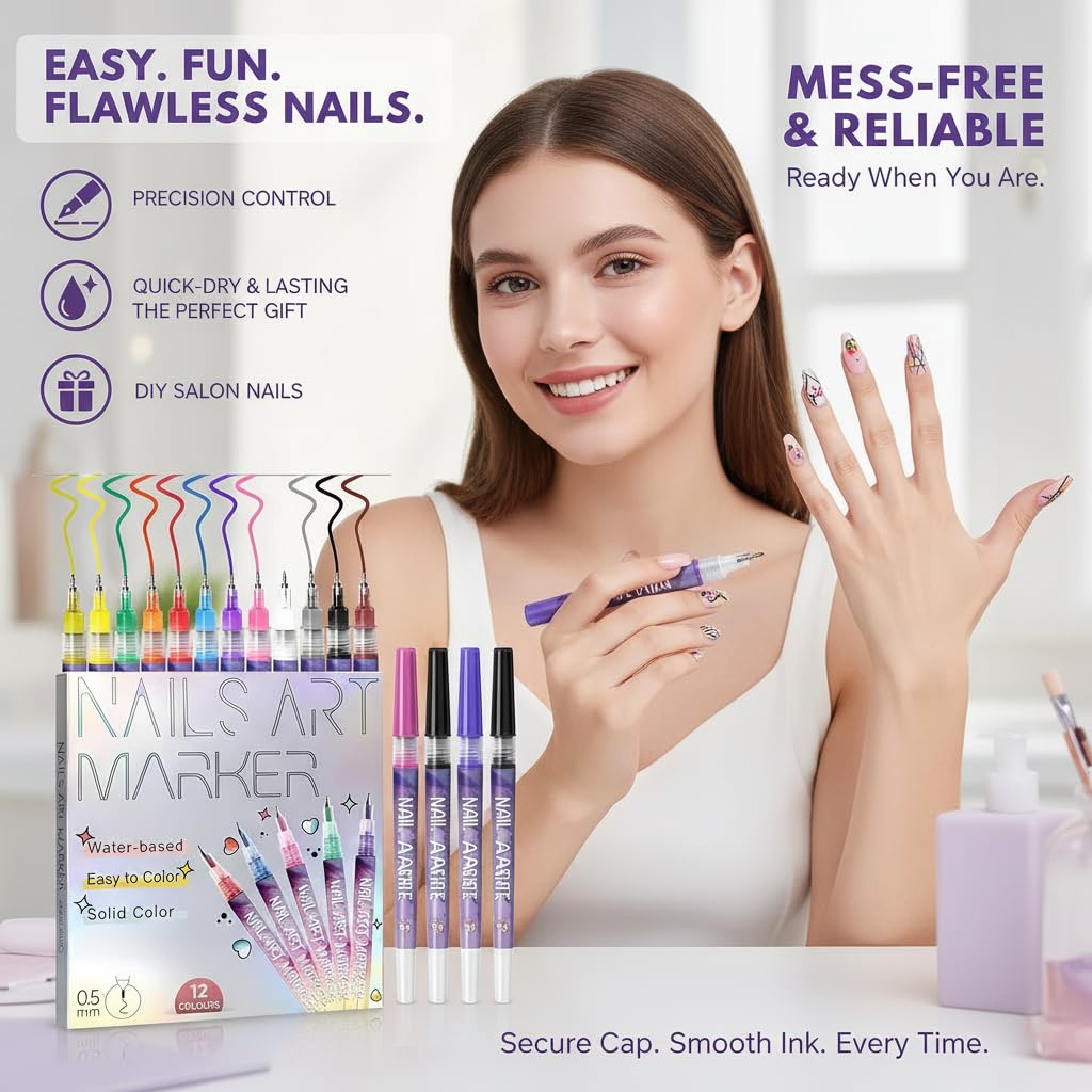 Wcatea gel and acrylic compatible nail art pens for versatility.