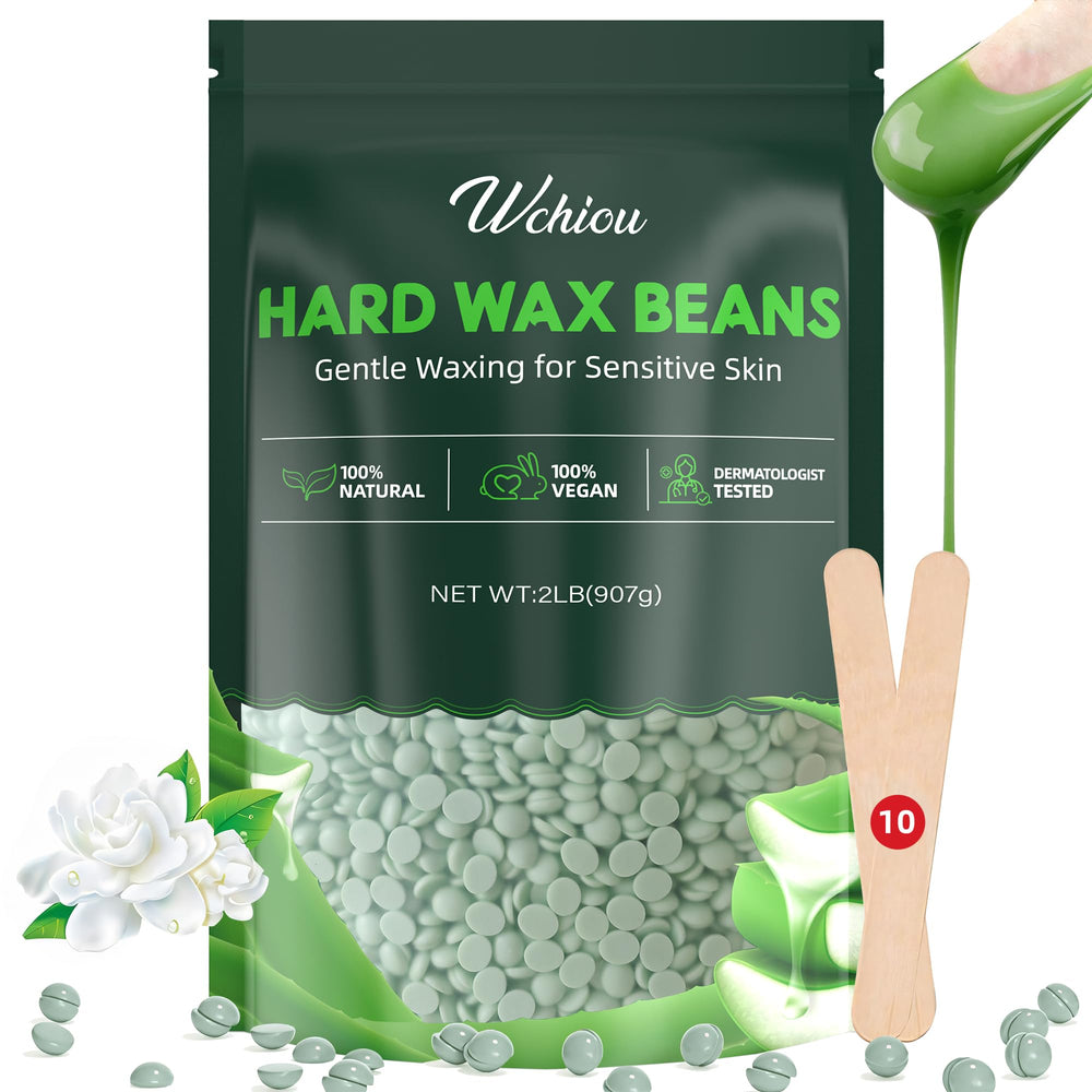 Wchiou Aloe Vera wax beads packaging, gentle waxing for sensitive skin.