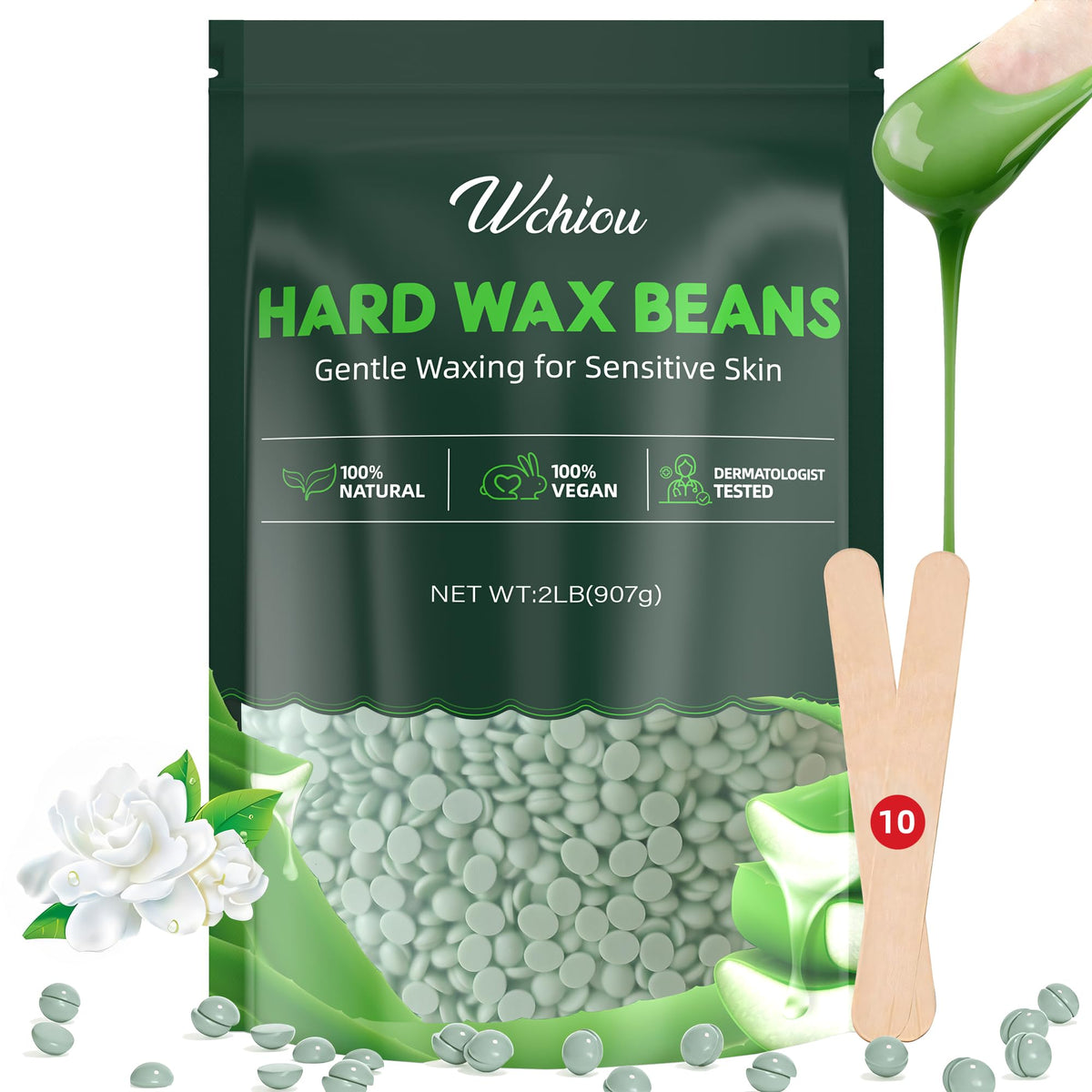 Wchiou Aloe Vera wax beads packaging, gentle waxing for sensitive skin.