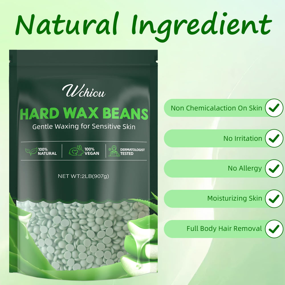 Wchiou wax beads close-up shows aloe vera formula for soothing waxing.