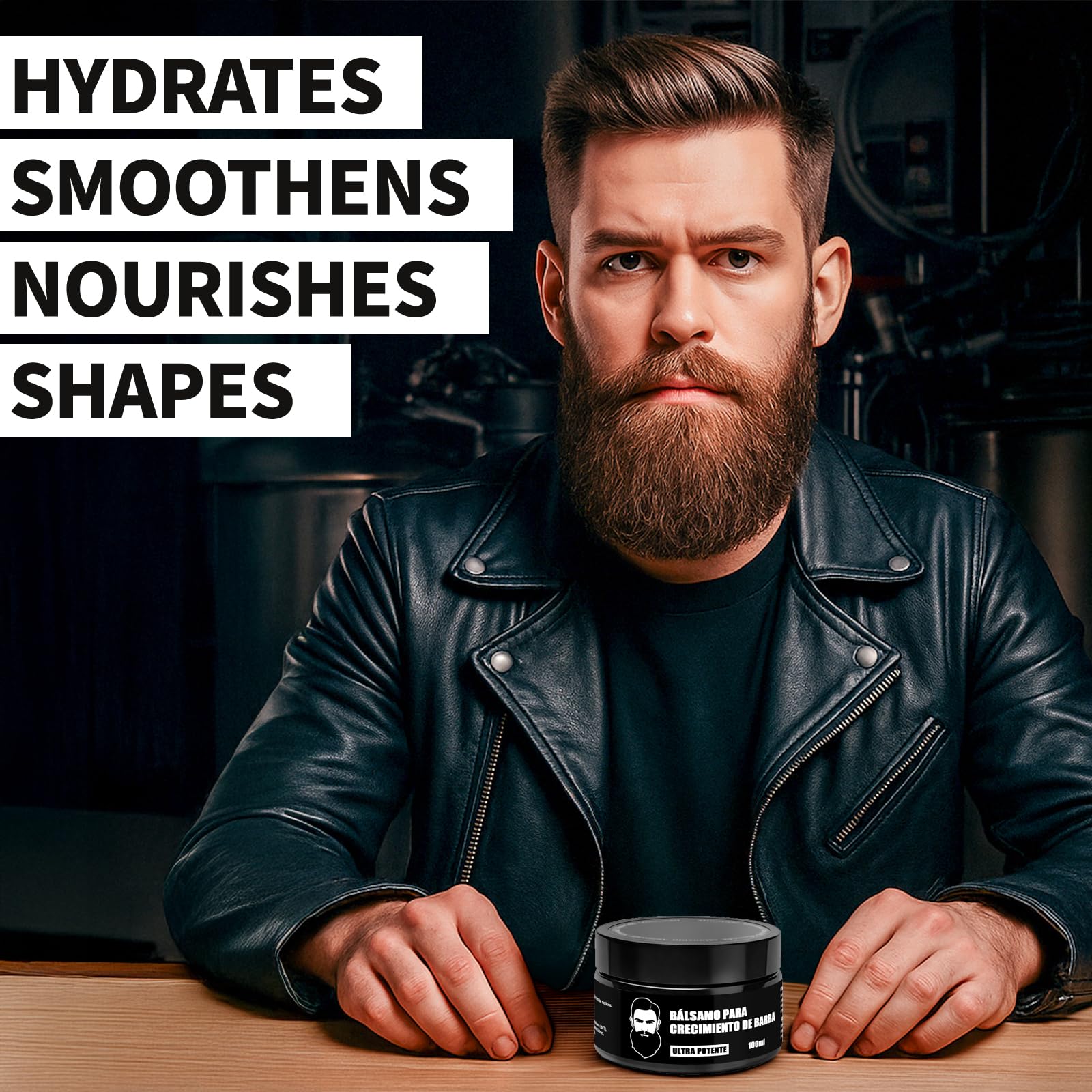 Wdvpue beard balm packaging image highlights 100ml size suitable for all beard types.
