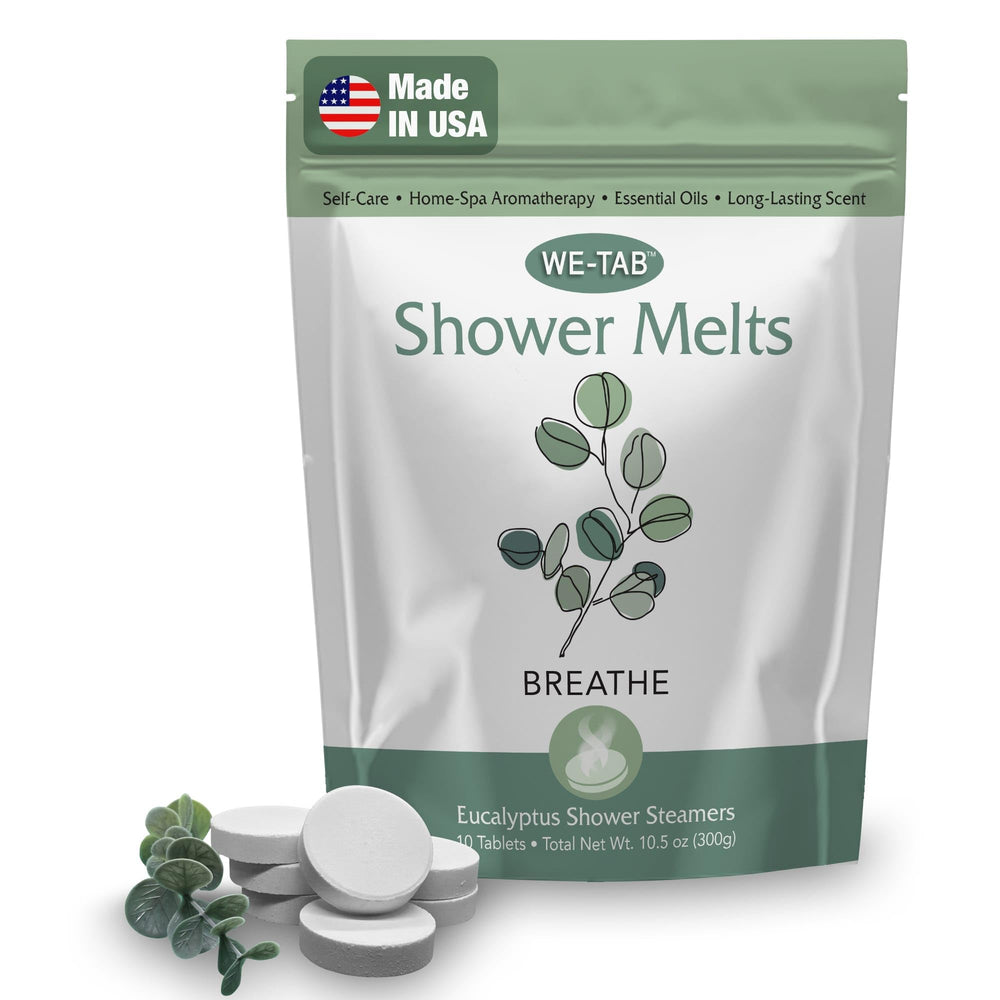 We-Tab pastillas para ducha en empaque destacado para aromaterapia diaria.