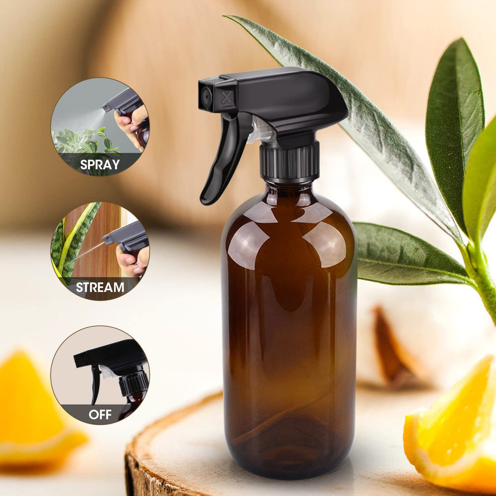 Wedama amber glass spray bottle side view, sturdy glass and comfortable grip.
