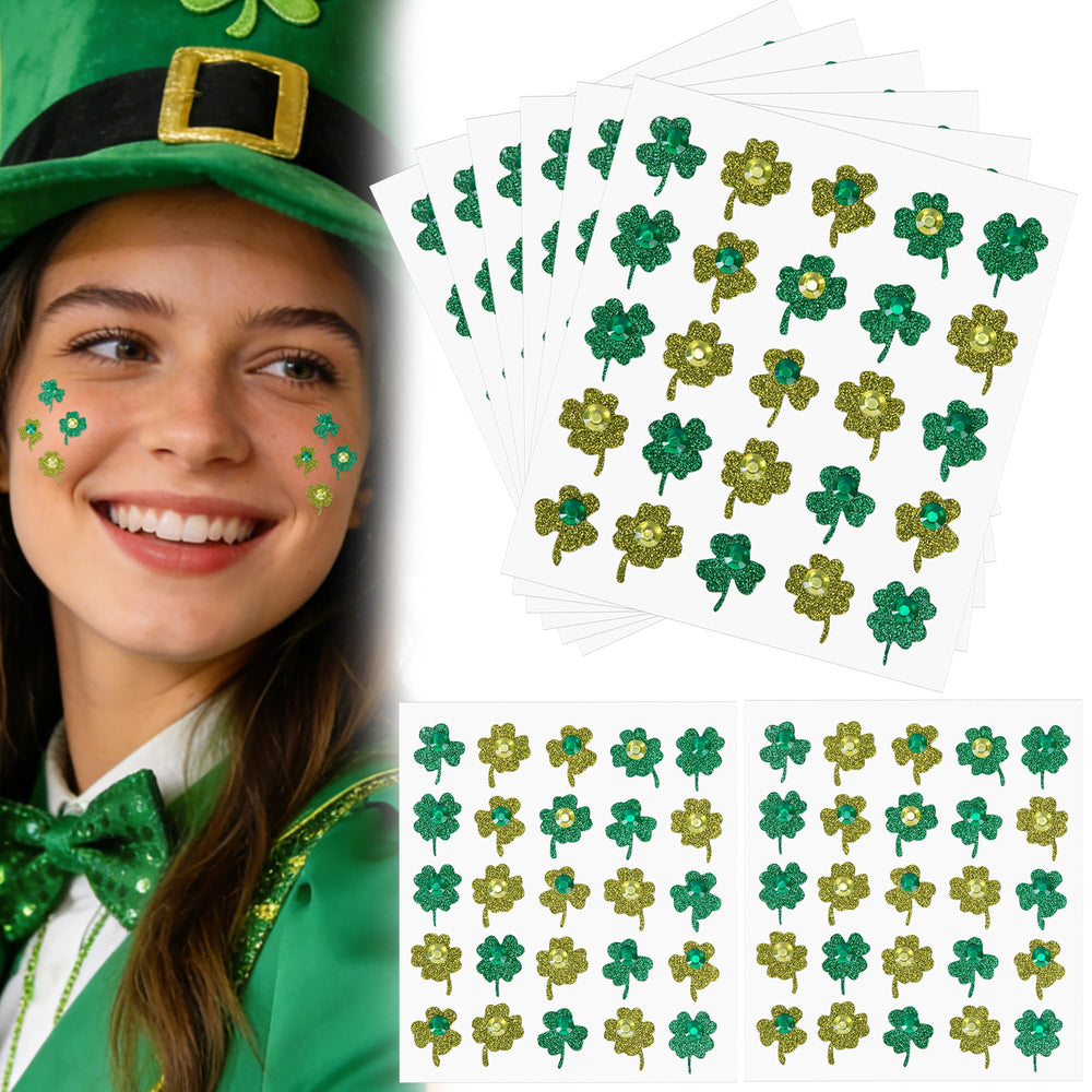 Wehhbtye shamrock glitter stickers add radiant sparkle for St. Patrick's Day face art.