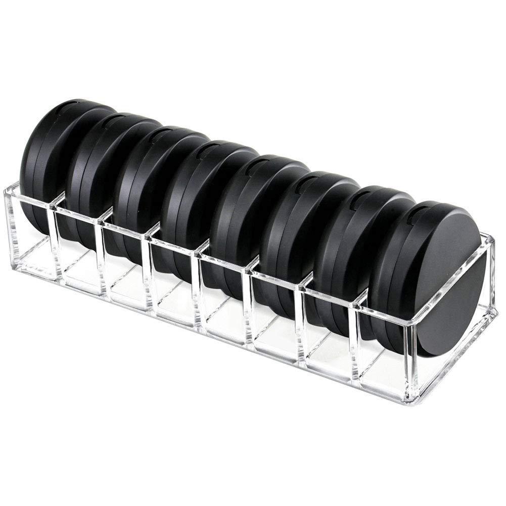 Weiai clear acrylic compact organizer on vanity for quick, organized access to powders.