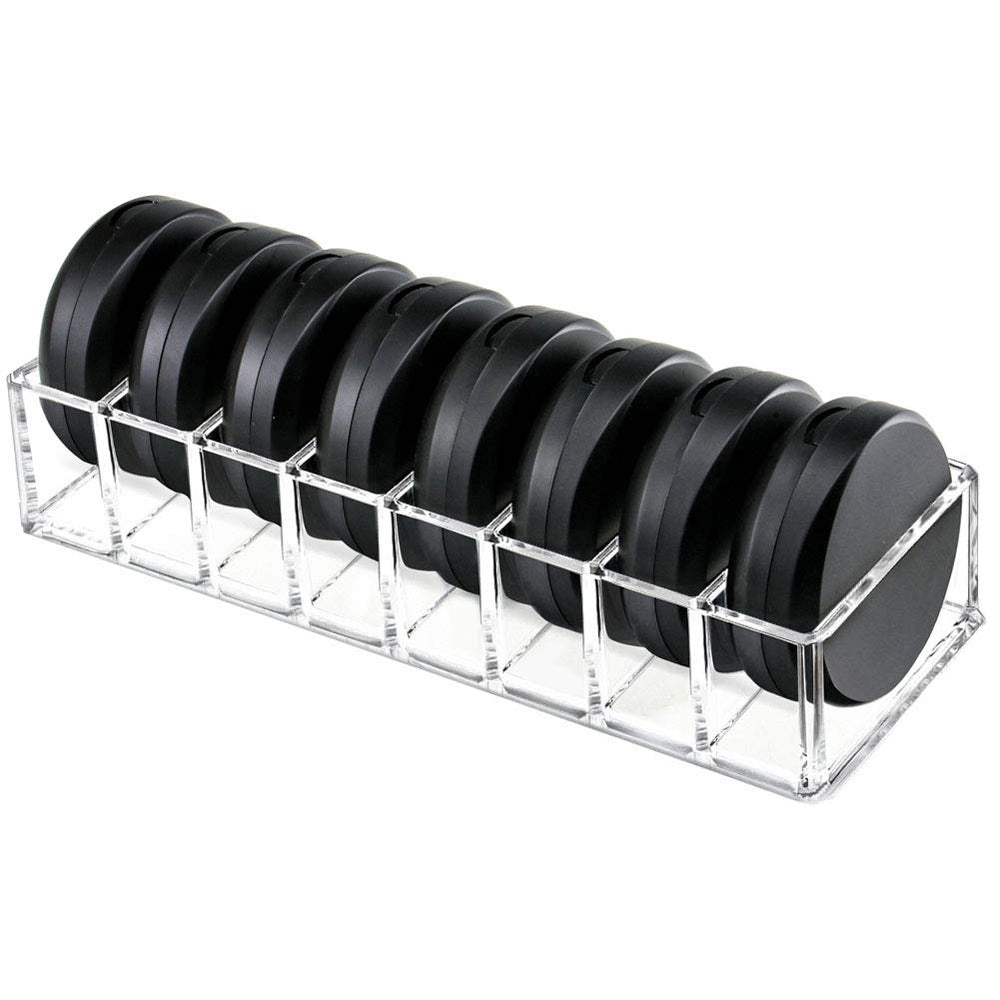 Weiai clear acrylic compact organizer on vanity for quick, organized access to powders.