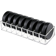 Weiai clear acrylic compact organizer on vanity for quick, organized access to powders.