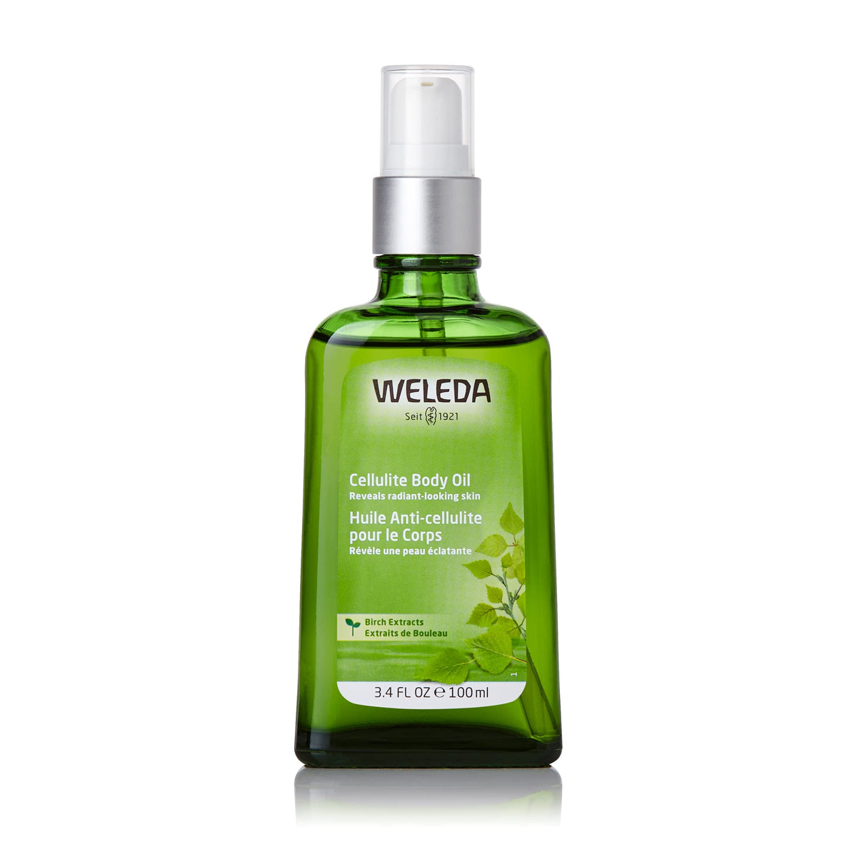 Weleda aceite corporal de abedul para celulitis, frasco visible, formato práctico.