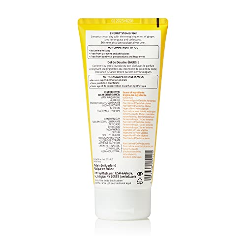 Weleda Aroma Essentials Energy Shower Gel, etiqueta: ingredientes naturales para cuidado suave.