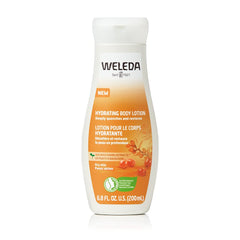 Loción corporal de Weleda en botella con espino amarillo para hidratación diaria y absorción suave.
