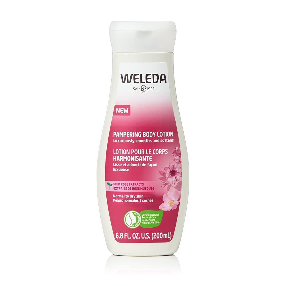 Weleda loción corporal Rosa Silvestre en envase, hidratación suave para la piel.