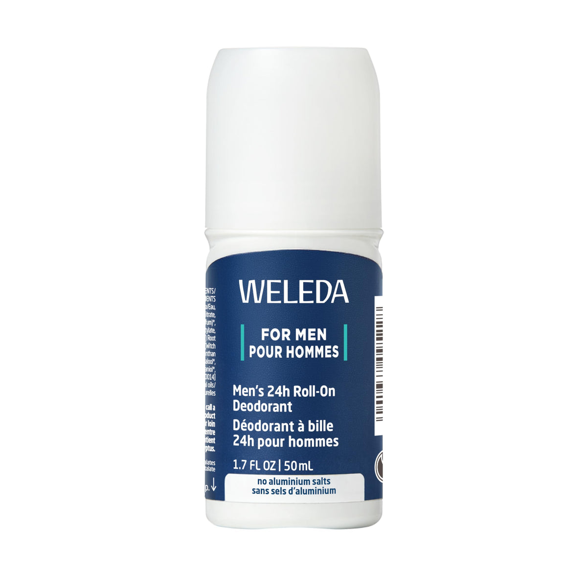 Weleda Men's 24H Roll-On Deodorant bottle offers long-lasting odor protection.