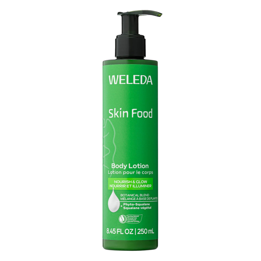 Weleda Skin Food Body Lotion, botella destacando hidratación profunda para piel seca