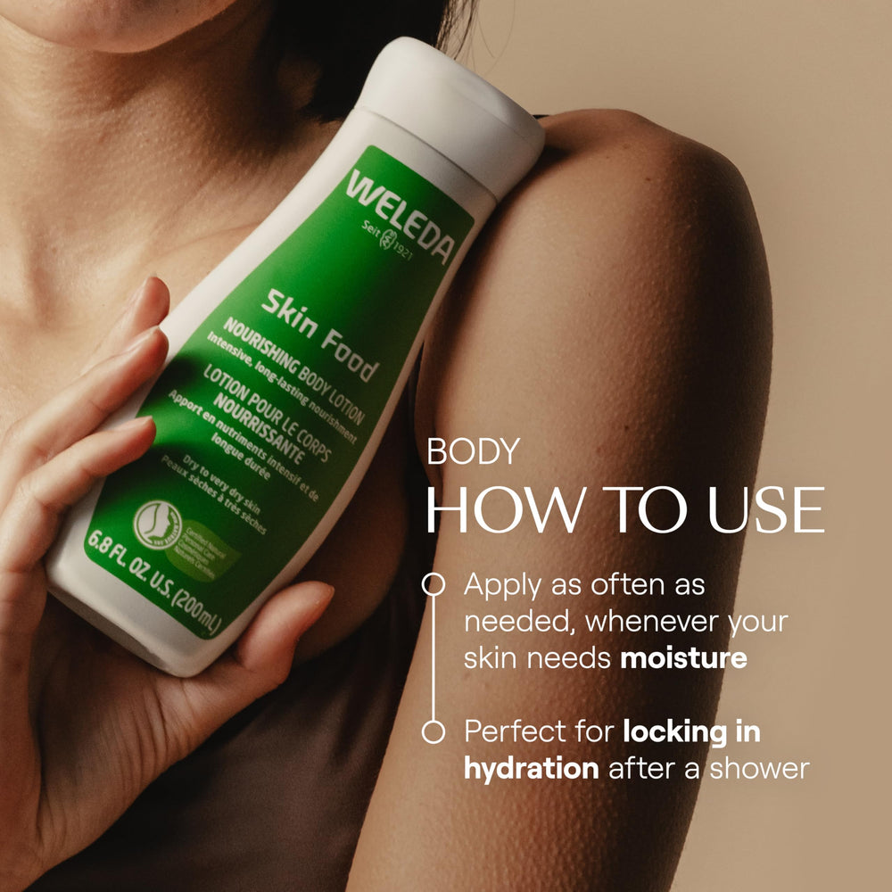 Weleda Skin Food Body Lotion color-swatches on skin.