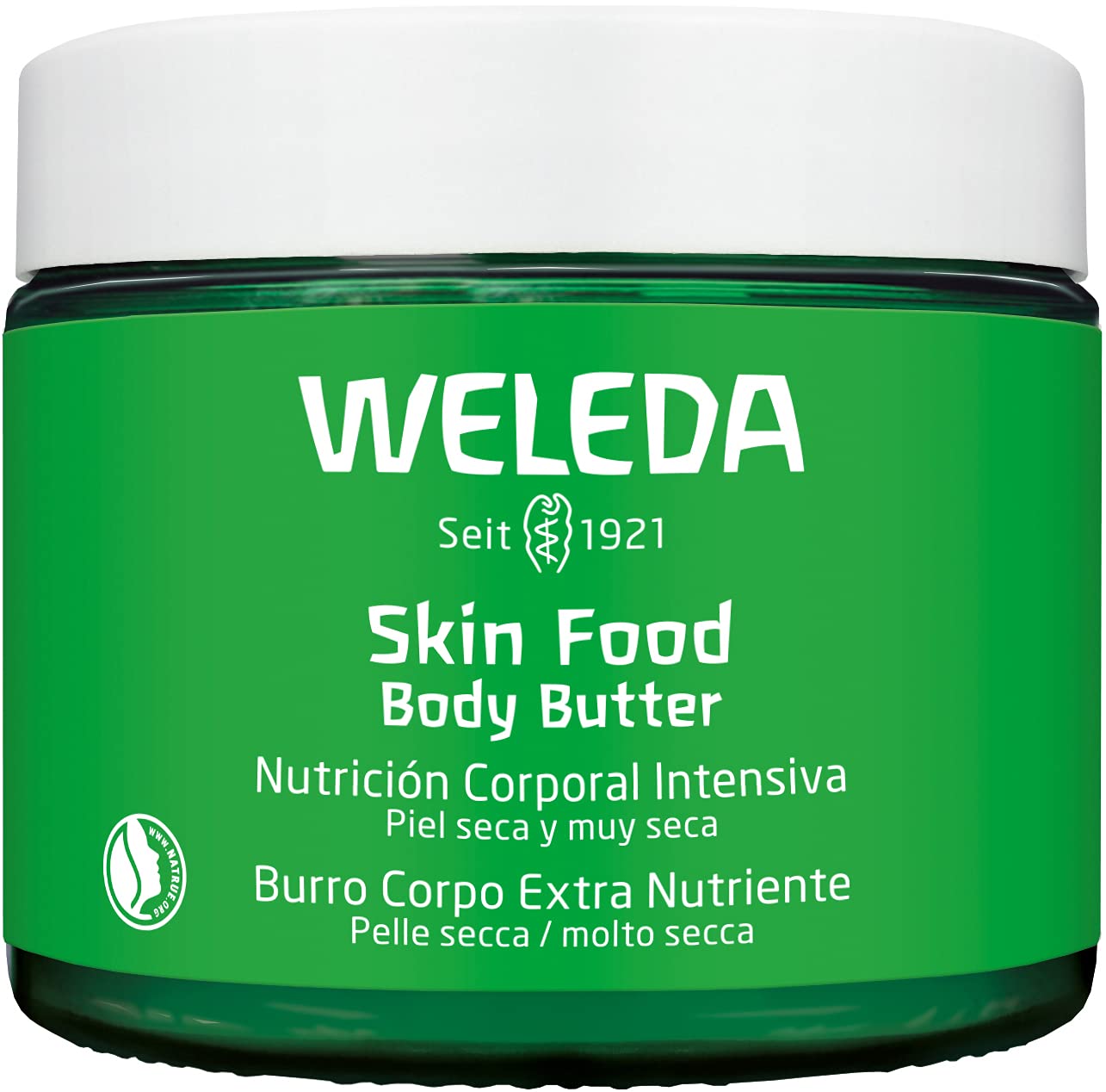 Weleda Skin Food manteca corporal en envase plástico, hidratación profunda para piel seca.