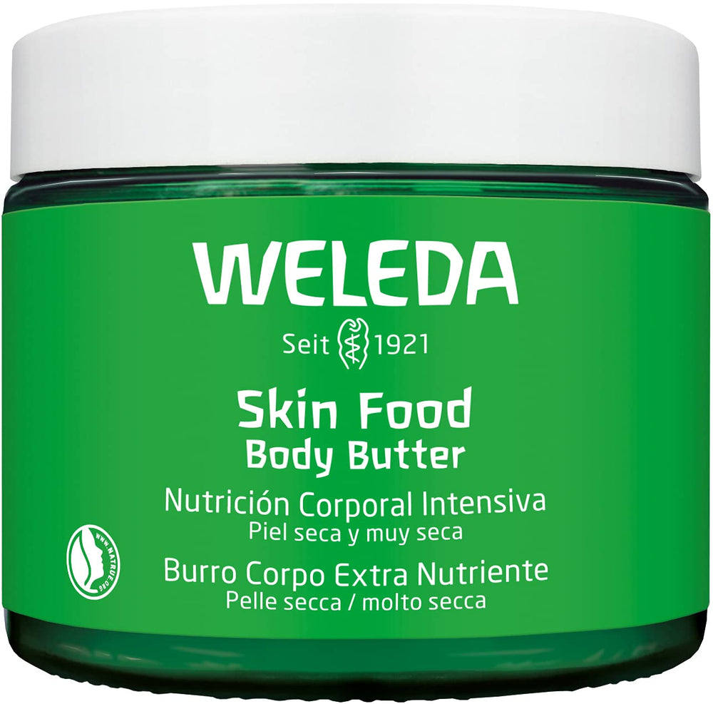 Weleda Skin Food manteca corporal en envase plástico, hidratación profunda para piel seca.