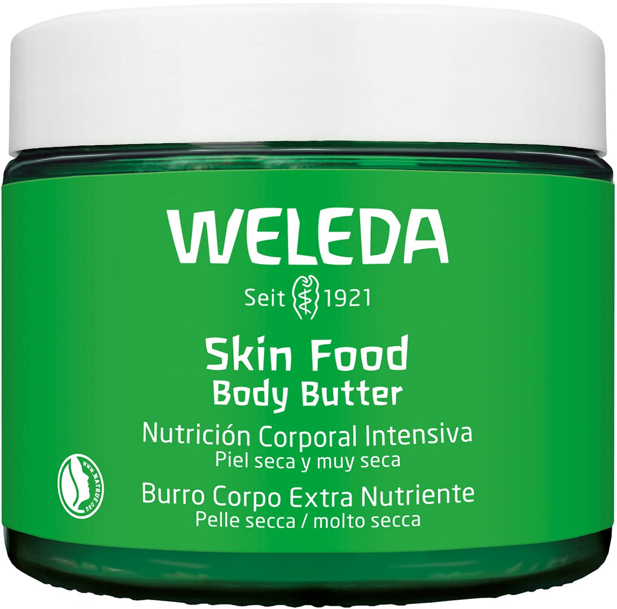 Weleda Skin Food manteca corporal en envase plástico, hidratación profunda para piel seca.