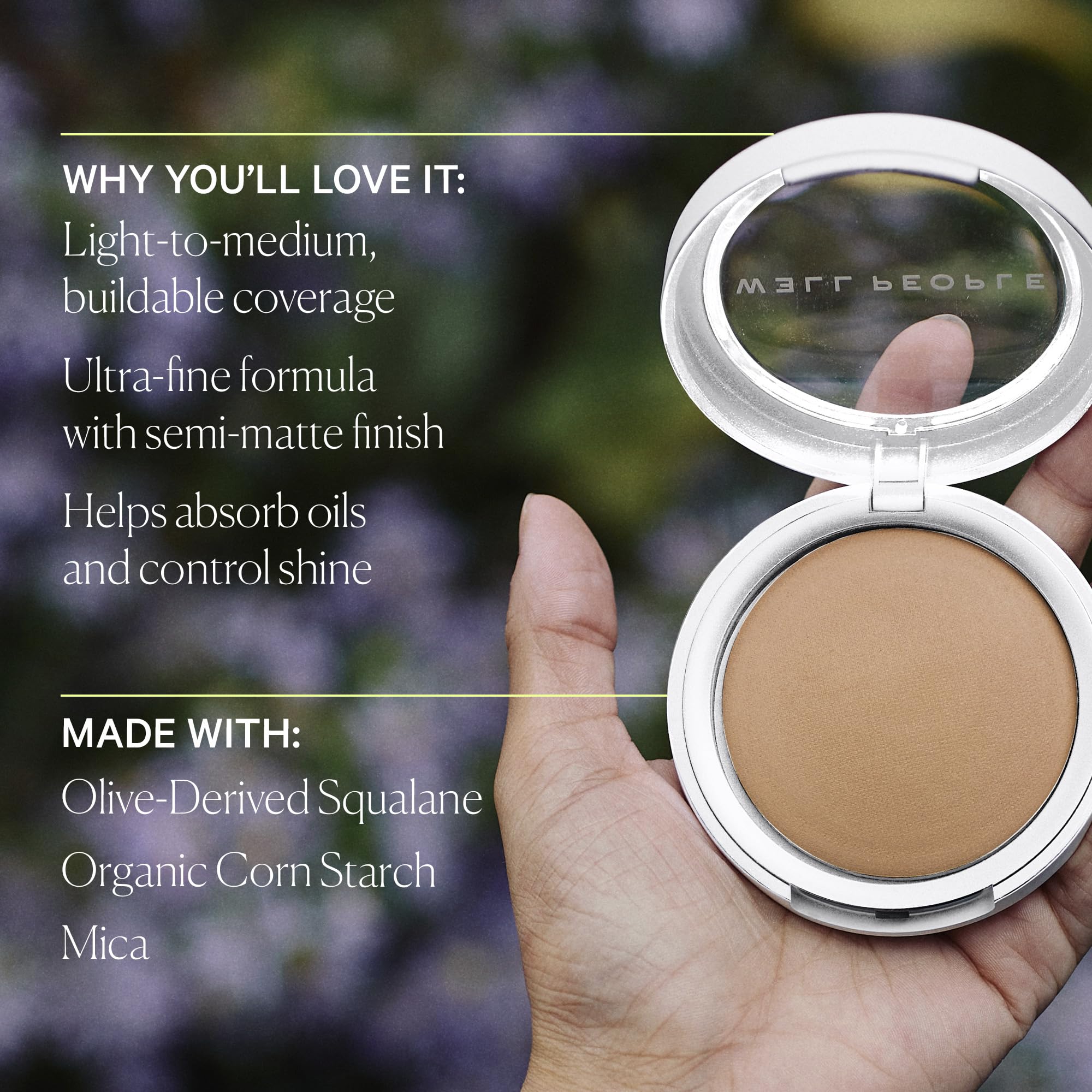 Well People Bio Powder Foundation close-up on skin with luminous, smooth texture.