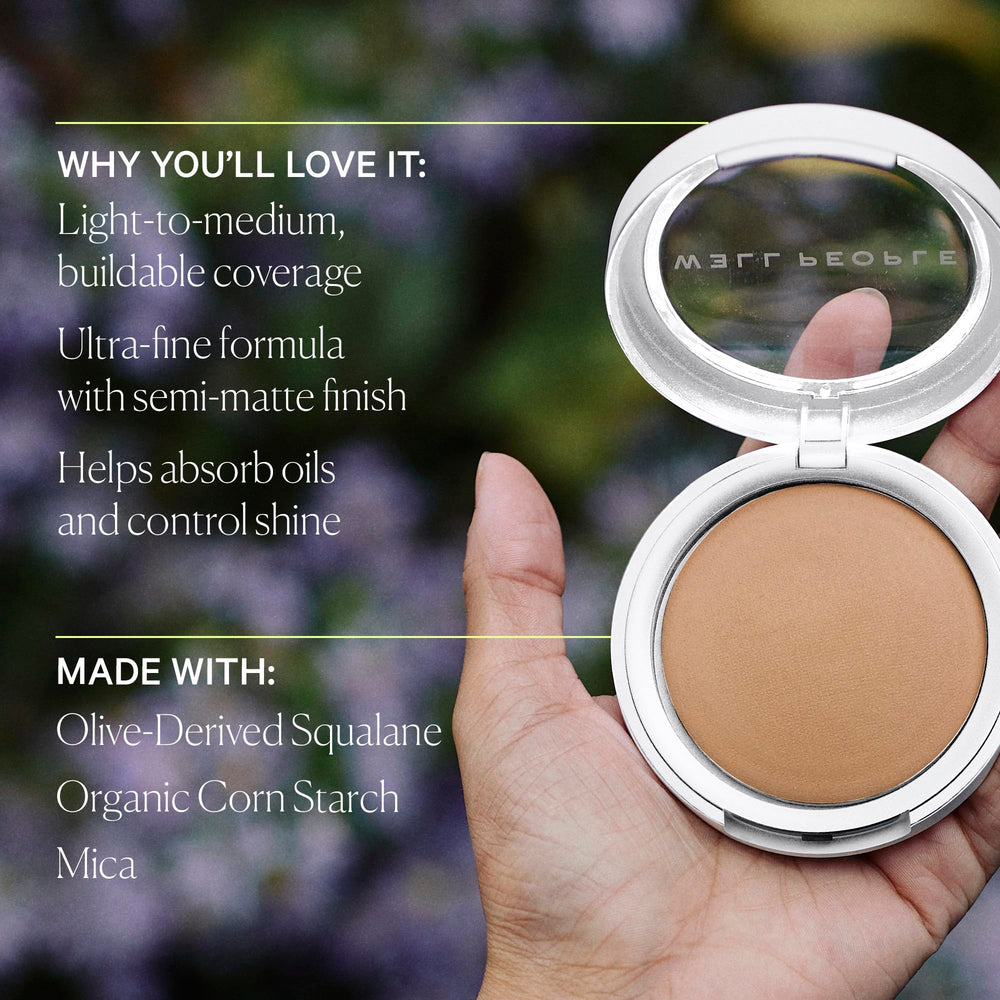 Well People Bio Powder Foundation close-up on skin with luminous, smooth texture.