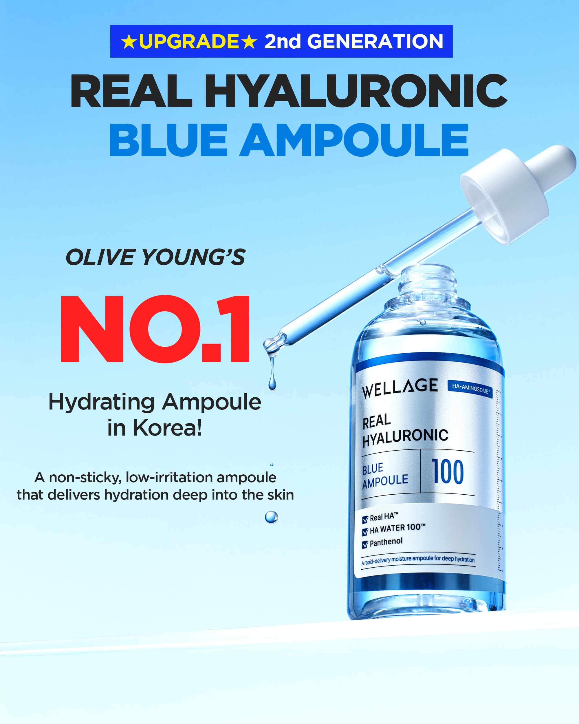 Wellage Real Hyaluronic Blue Ampoule bottle pour demonstrates smooth, quick distribution