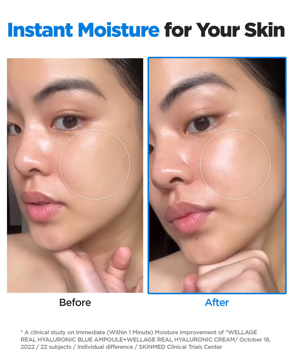 Wellage Real Hyaluronic Blue Ampoule glass skin appearance highlights potential glow