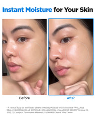 Wellage Real Hyaluronic Blue Ampoule glass skin appearance highlights potential glow