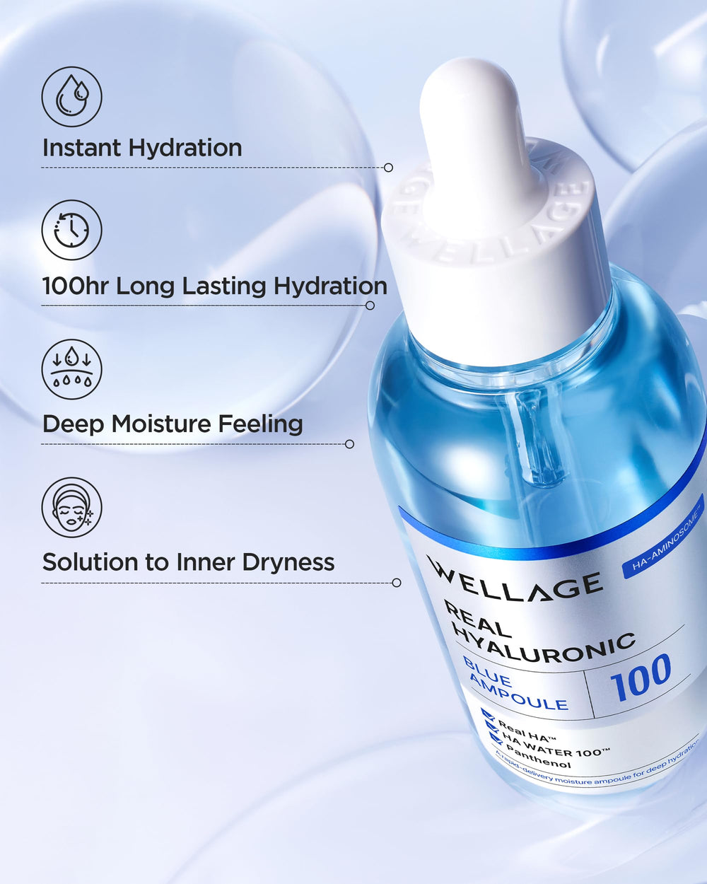 Wellage Real Hyaluronic Blue Ampoule packaging front communicates fragrance-free formula