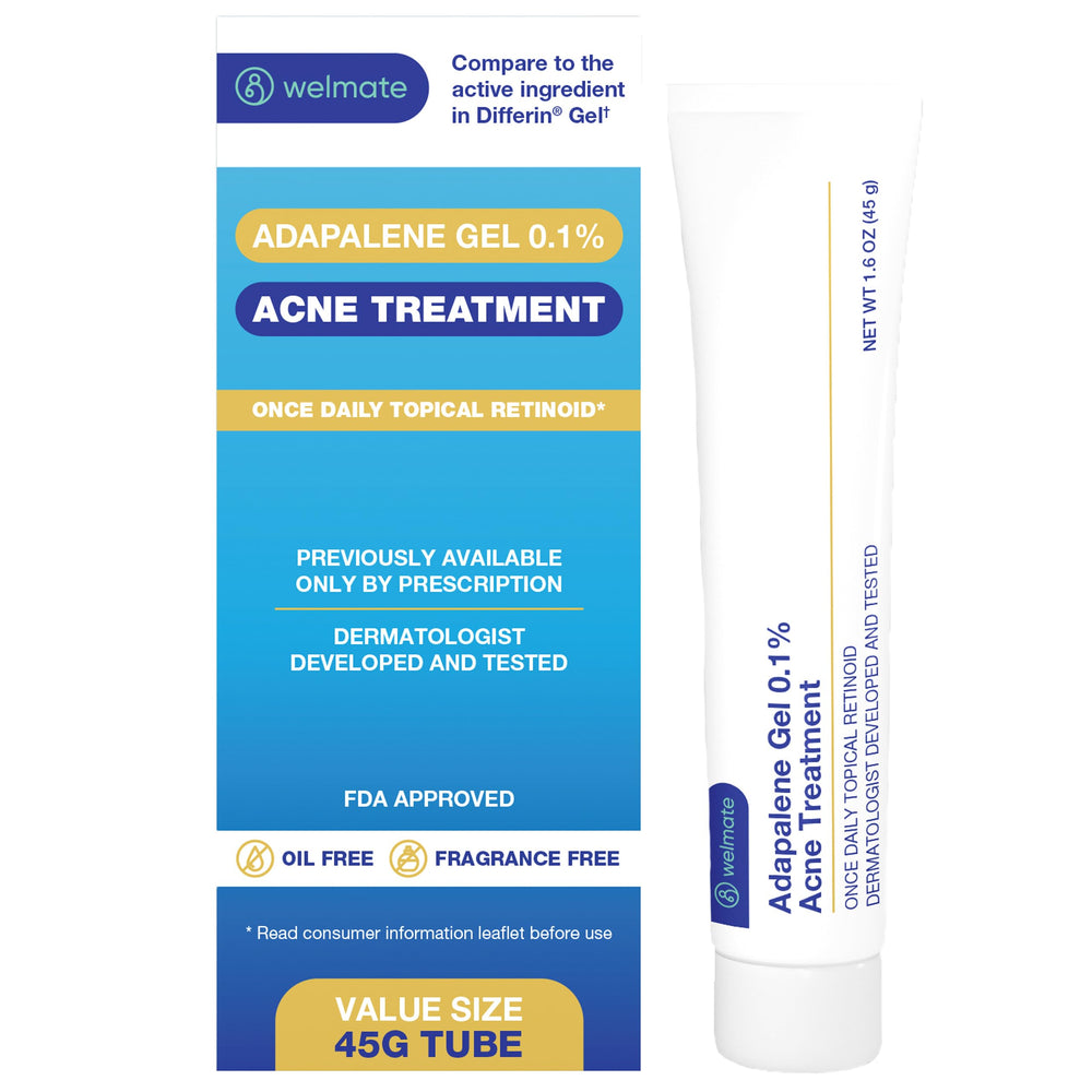 WELMATE Adapalene Gel 0.1% envase frontal para cuidado diario del acné.