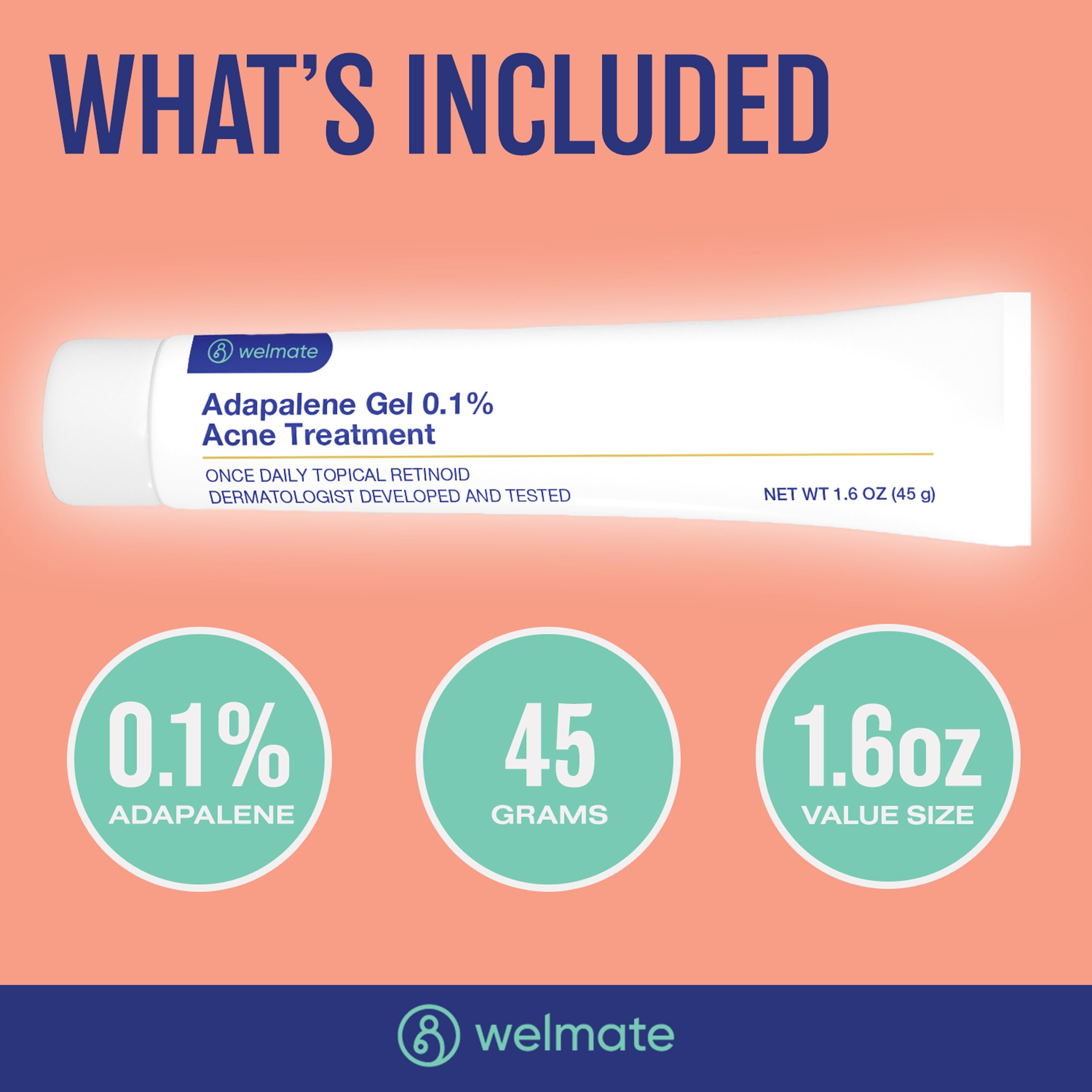 WELMATE Adapalene Gel 0.1% presentación de 45 g por tubo.