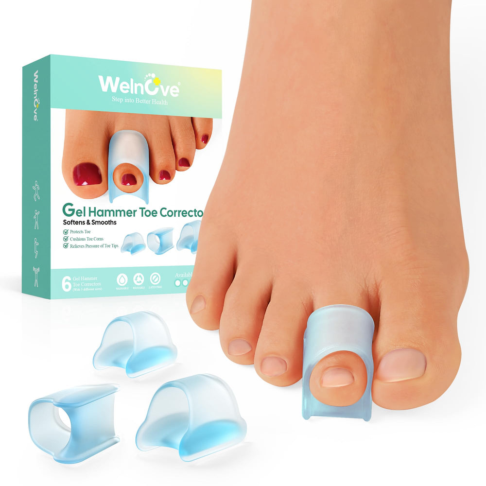 Welnove Hammertoe Corrector blue toe splints realign bent toes for comfort.