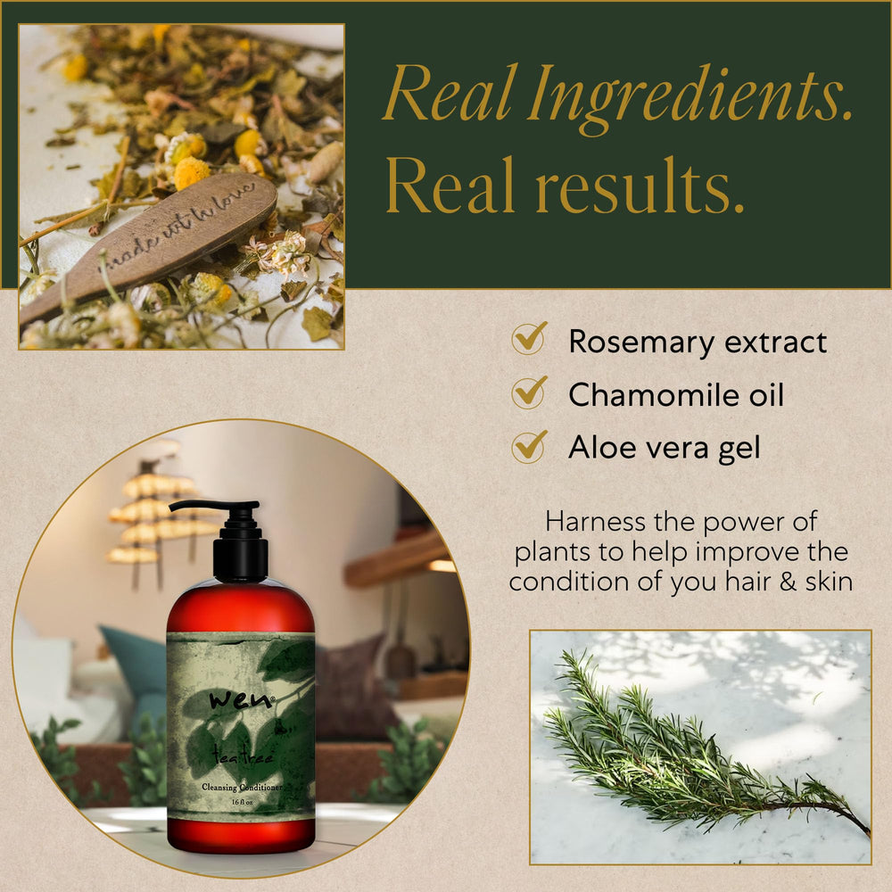 WEN Tea Tree label closeup shows rosemary and chamomile botanicals.