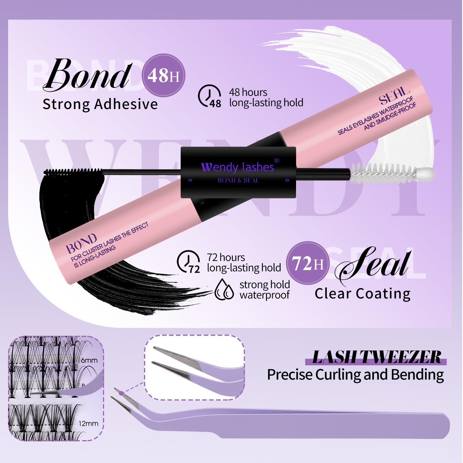 Wendy Lashes 72H lash bond and seal for durable, waterproof wear.
