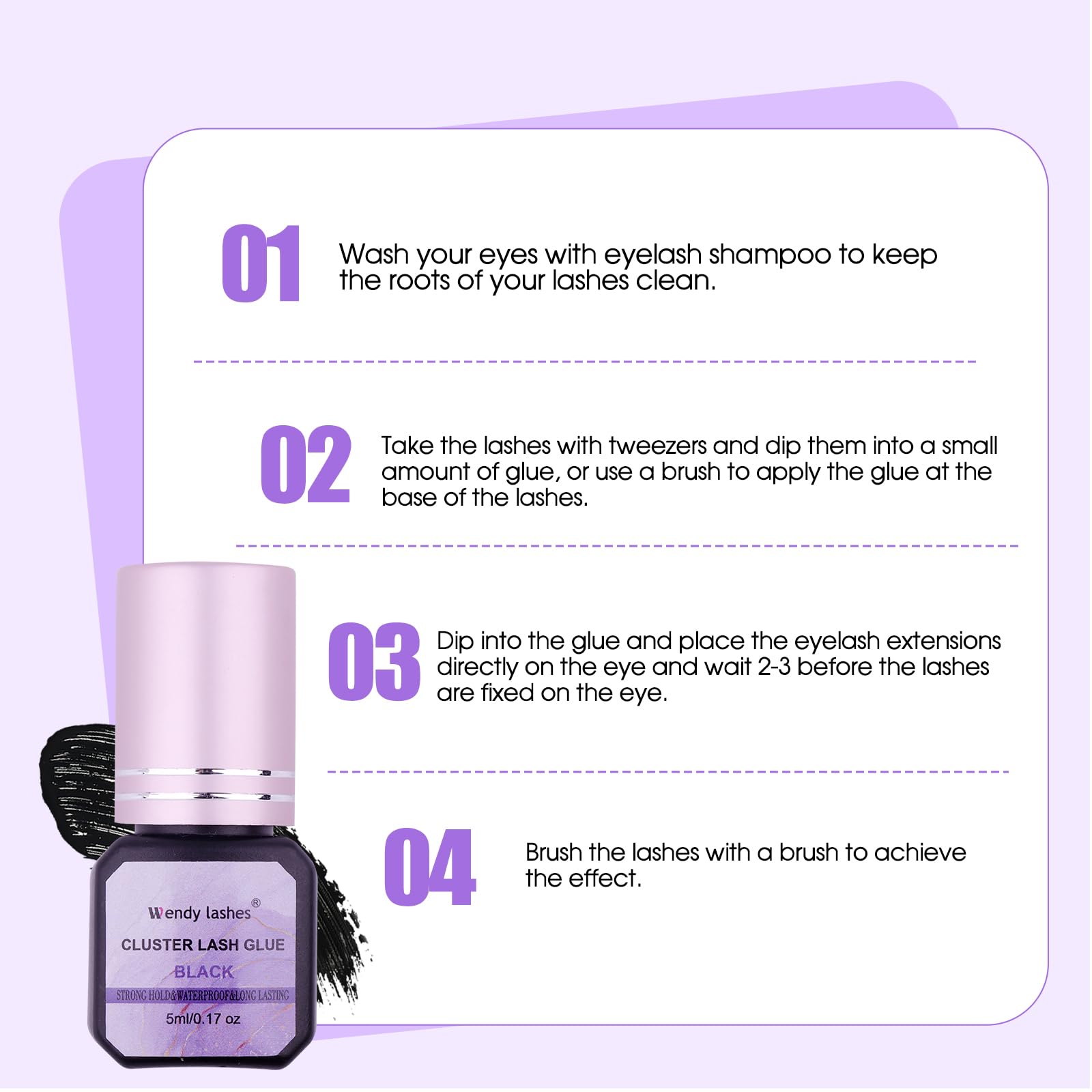 Wendy Lashes Cluster Glue plant-based ingredients for mild use.