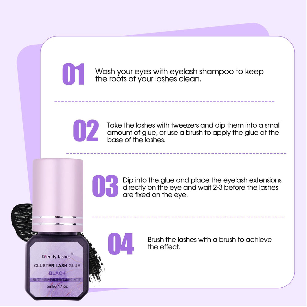 Wendy Lashes Cluster Glue plant-based ingredients for mild use.