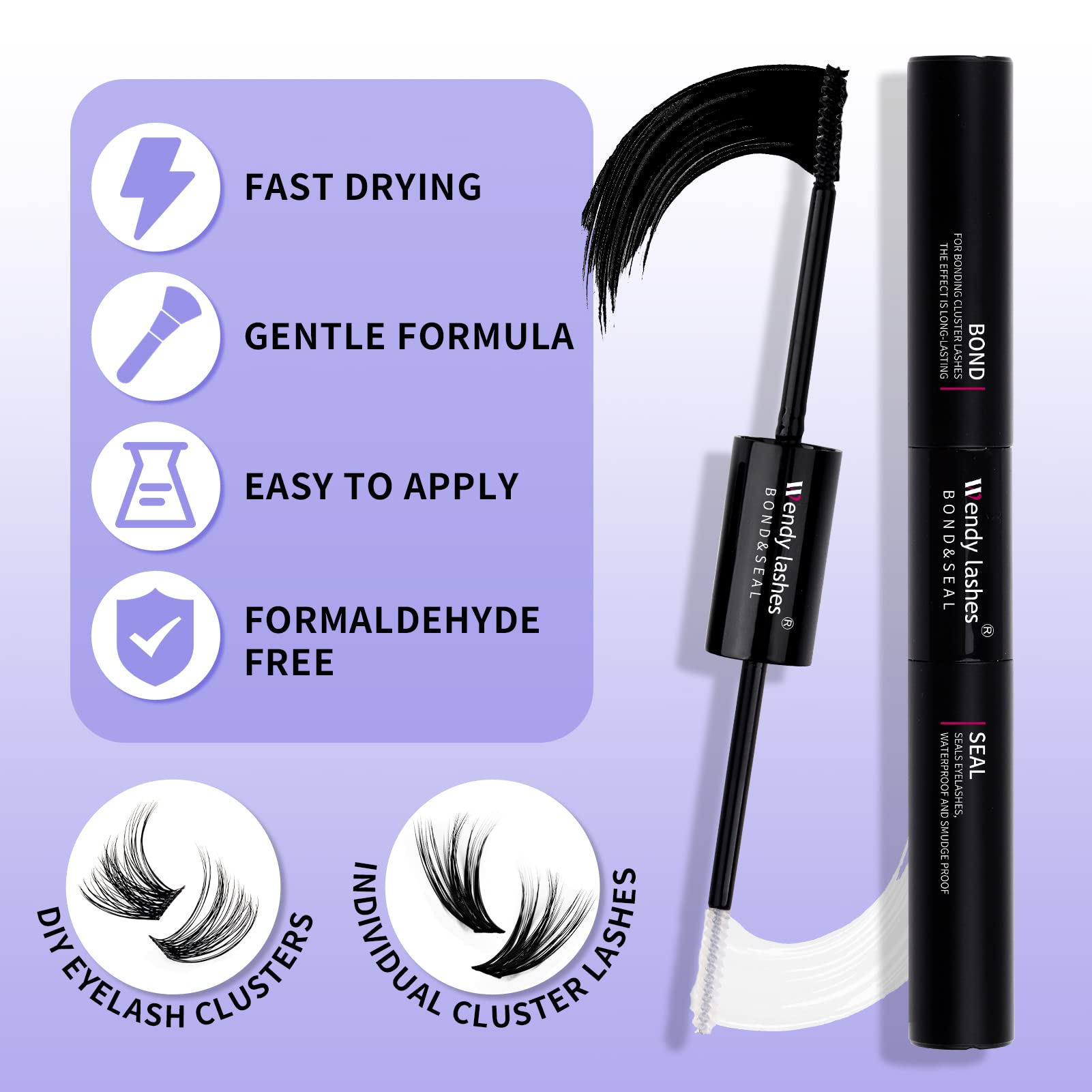 Wendy Lashes bond end provides secure cluster connection with black bonding solution.