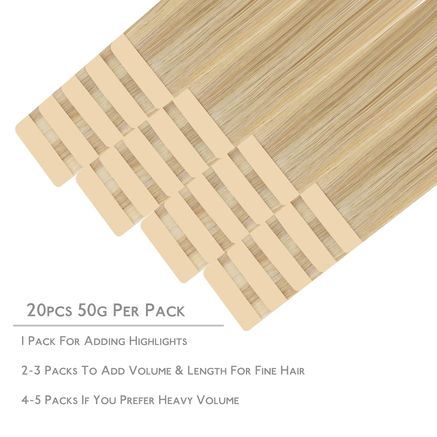 Wennalife tape-in extensions packaging and wefts for easy measurement and application.