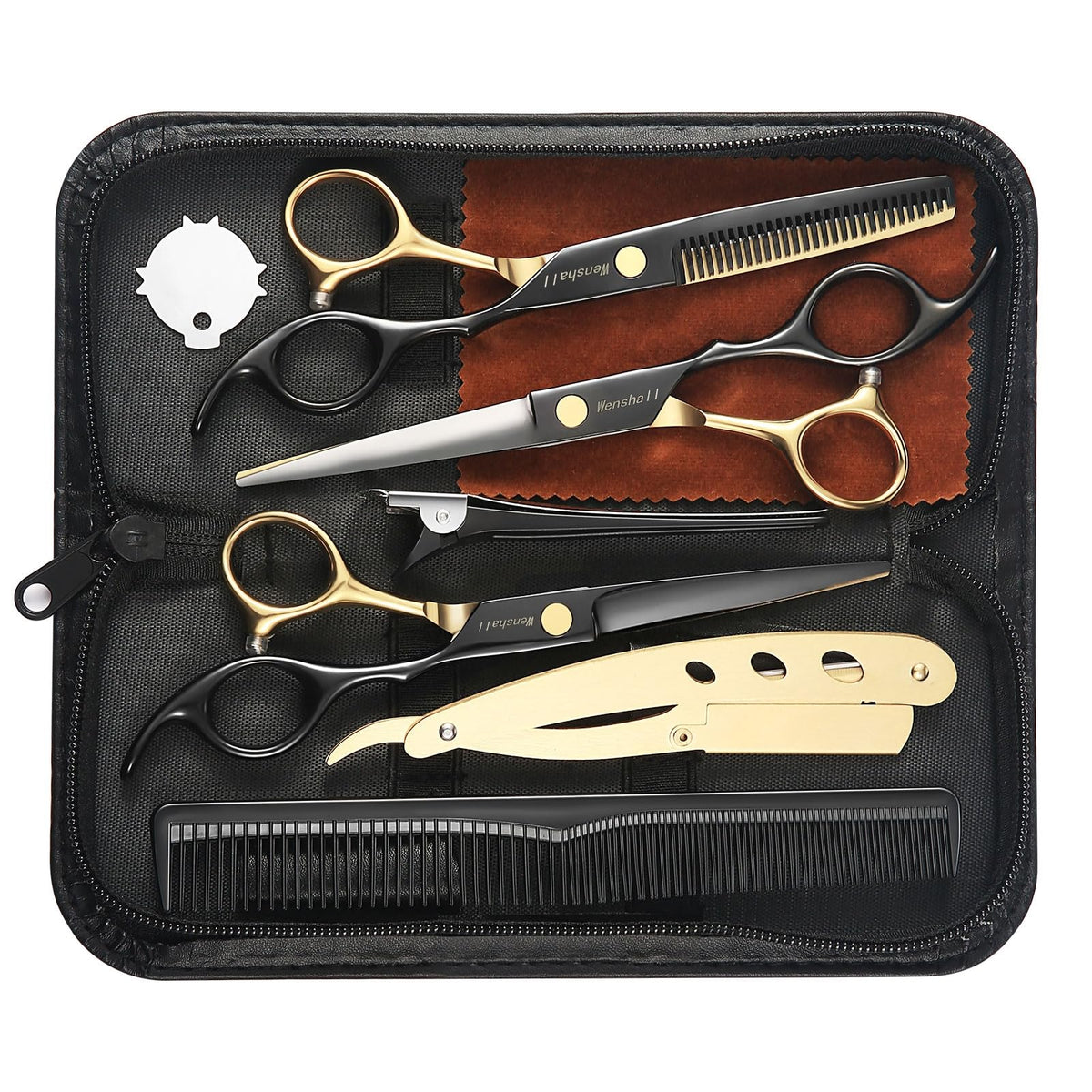 Wenshall professional black gold hair scissors 6.89-inch in hand for precise cutting.