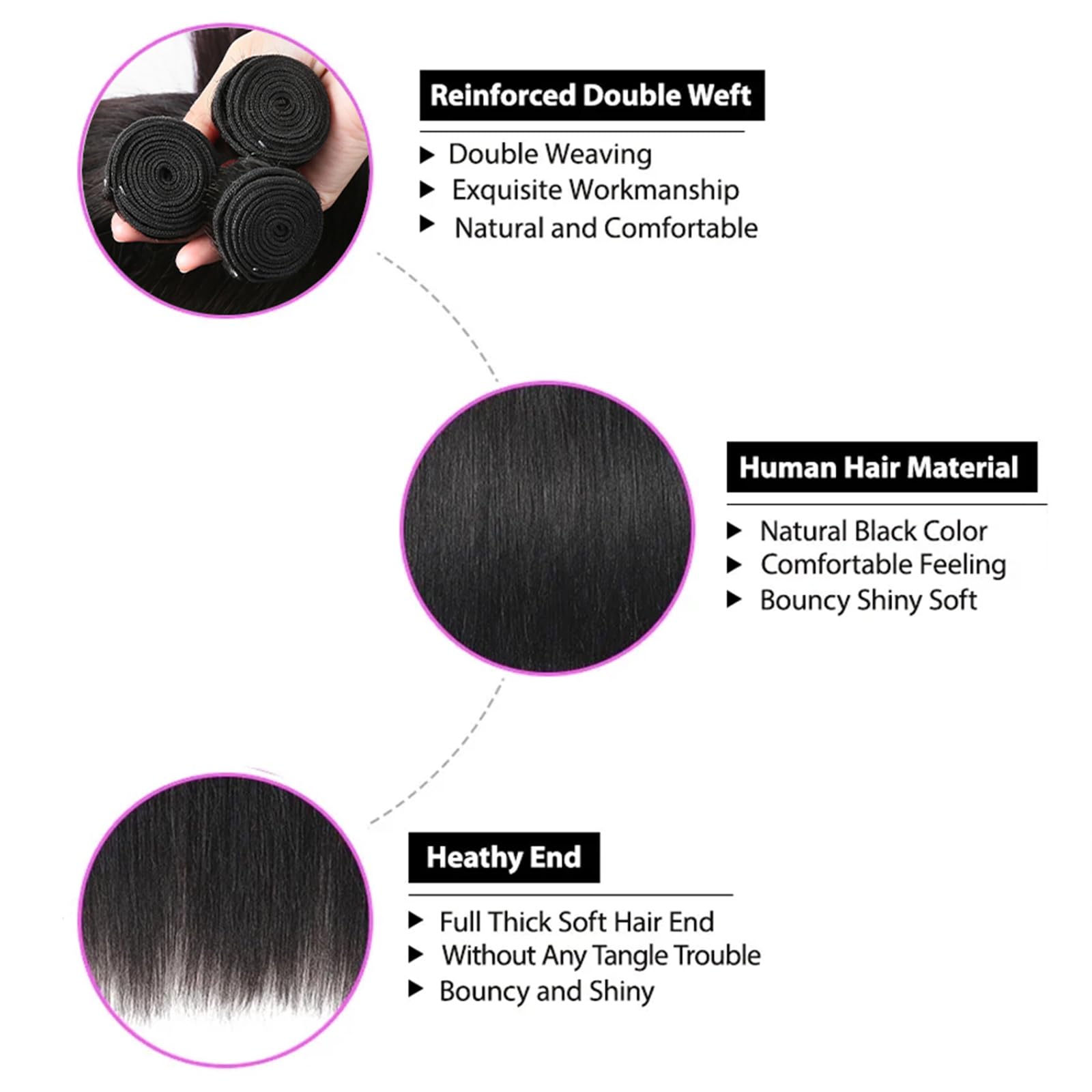 WENYAN straight bundles 20-inch weft view highlights easy installation and shine.