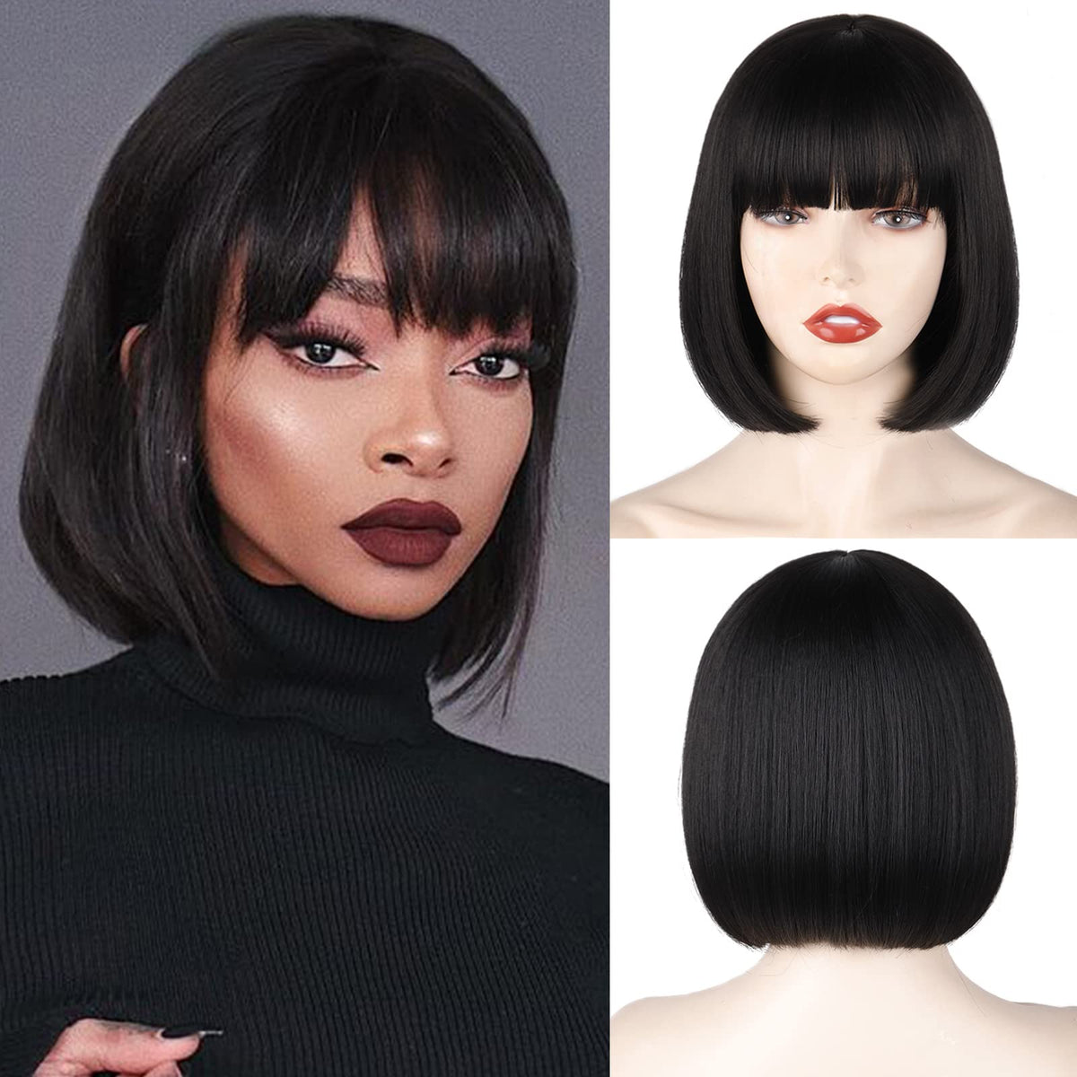 WERD black short bob wig with bangs for daily wear