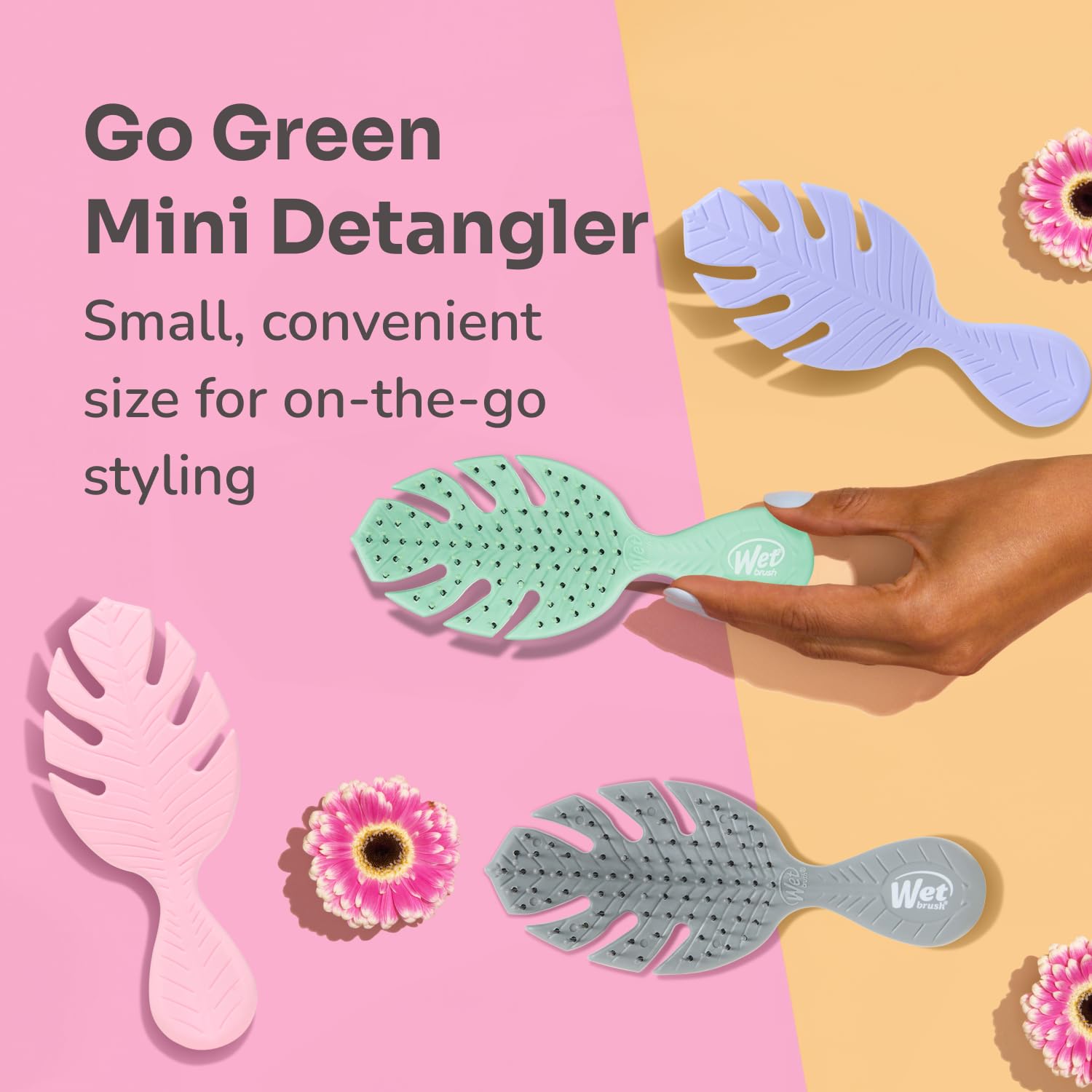 Wet Brush Go Green Mini Detangler Purple flexible bristles close-up for safe detangling.