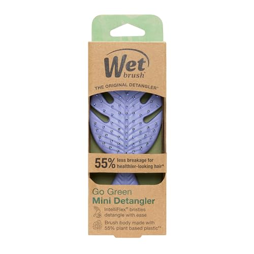Wet Brush Go Green Mini Detangler Purple in use on straight hair for smooth results.