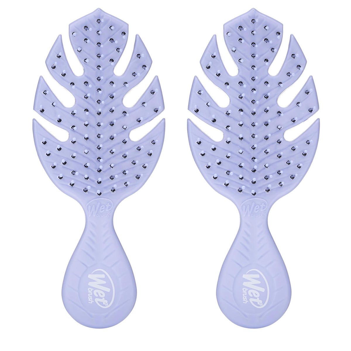 Wet Brush Go Green Mini Detangler Purple packaging highlights plant-based plastic for eco-friendly travel.