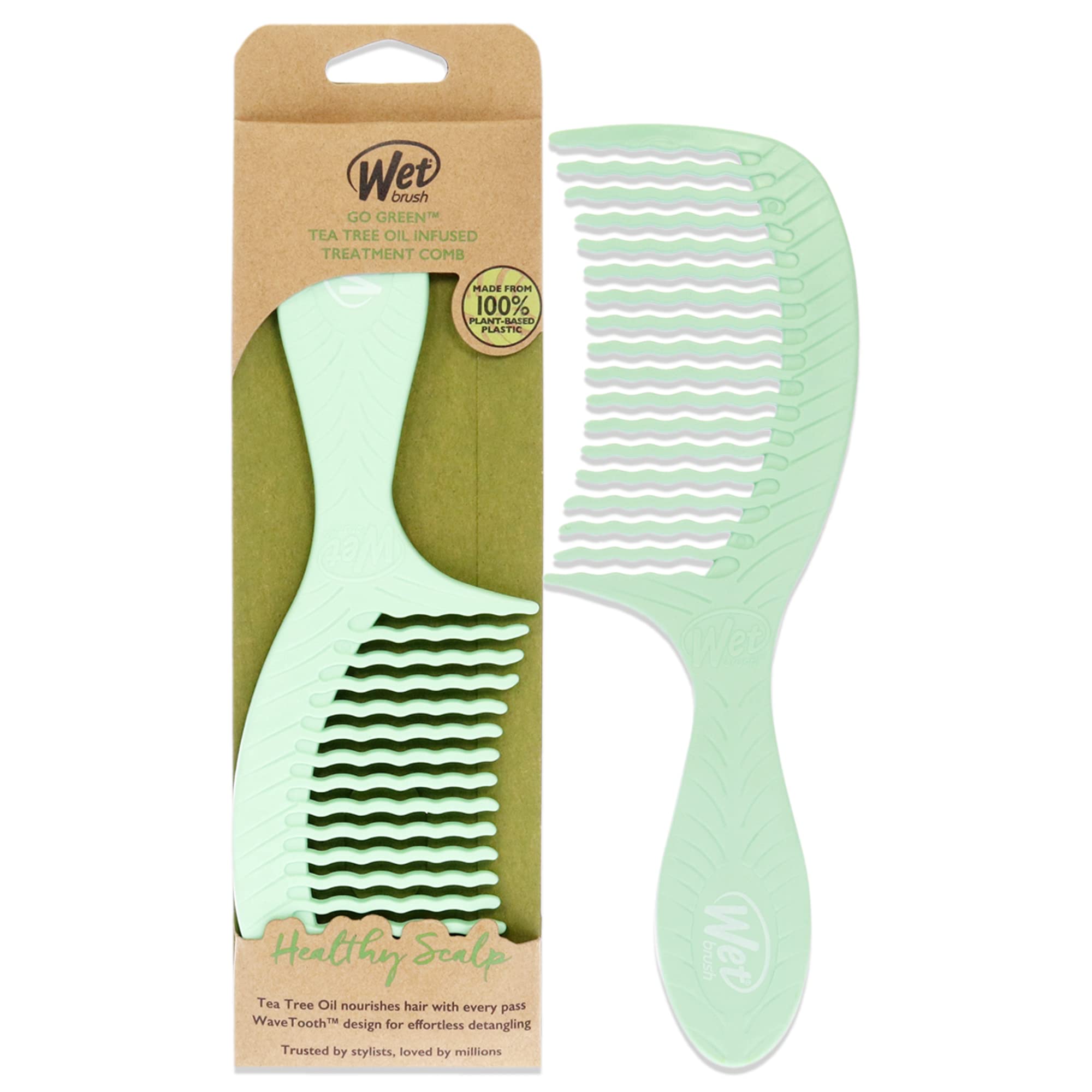 Wet Brush Go Green Tea Tree Oil Treatment Comb with WaveTooth glides through tangles for smooth detangling.