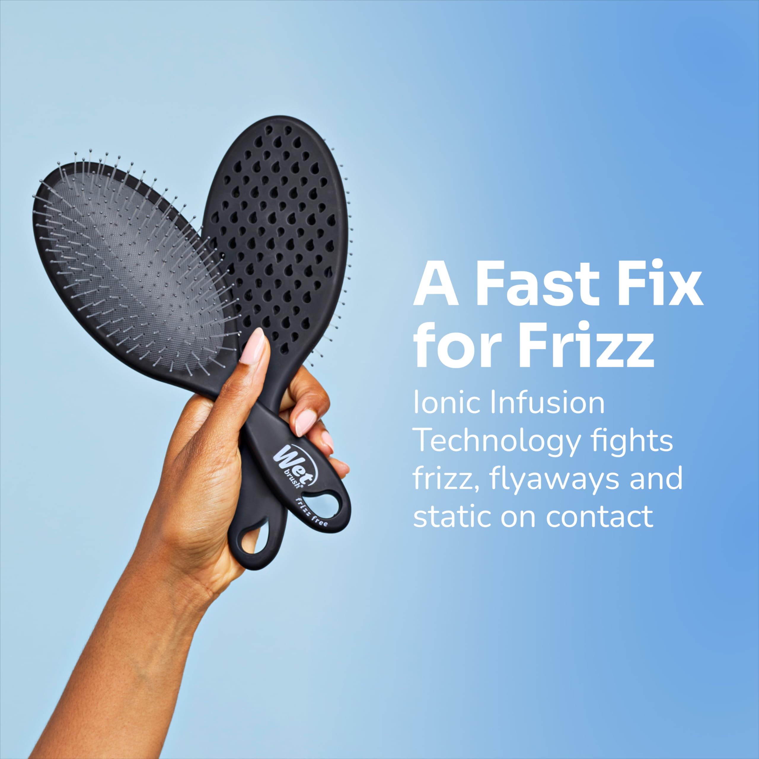 Wet Brush Ionic Infusion illustrates reduced static for sleek, weather-proof styling all day.