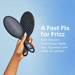 Wet Brush Ionic Infusion illustrates reduced static for sleek, weather-proof styling all day.
