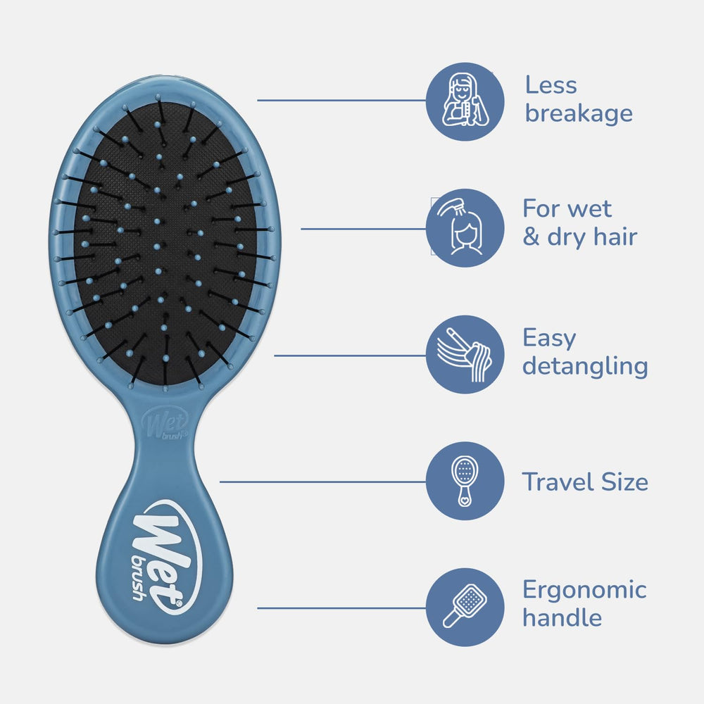 Wet Brush Mini Detangler Elemental Blue in use on wet hair for smooth detangling.